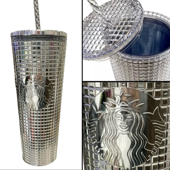 Starbucks shiny silver flat grid / tumbler / 24oz  venti size / NEW with tag - Picture 1 of 7